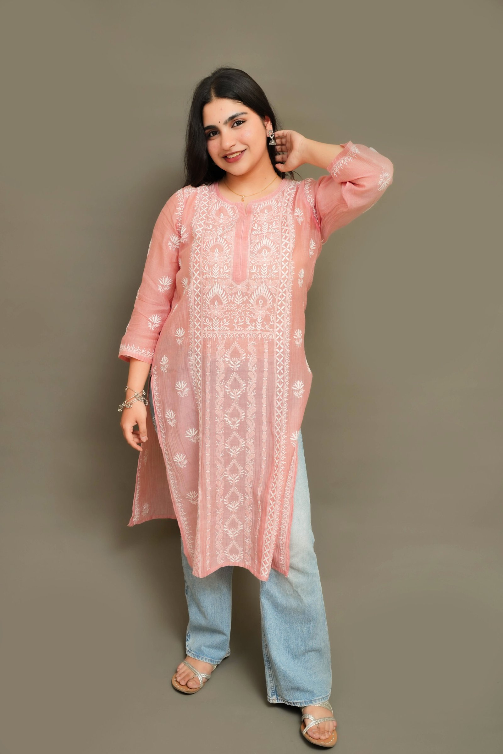 DSC06426 Rosé Blush Chikankari Kurta - Pure Mul Chikankari Kurta by Feathers by Priya