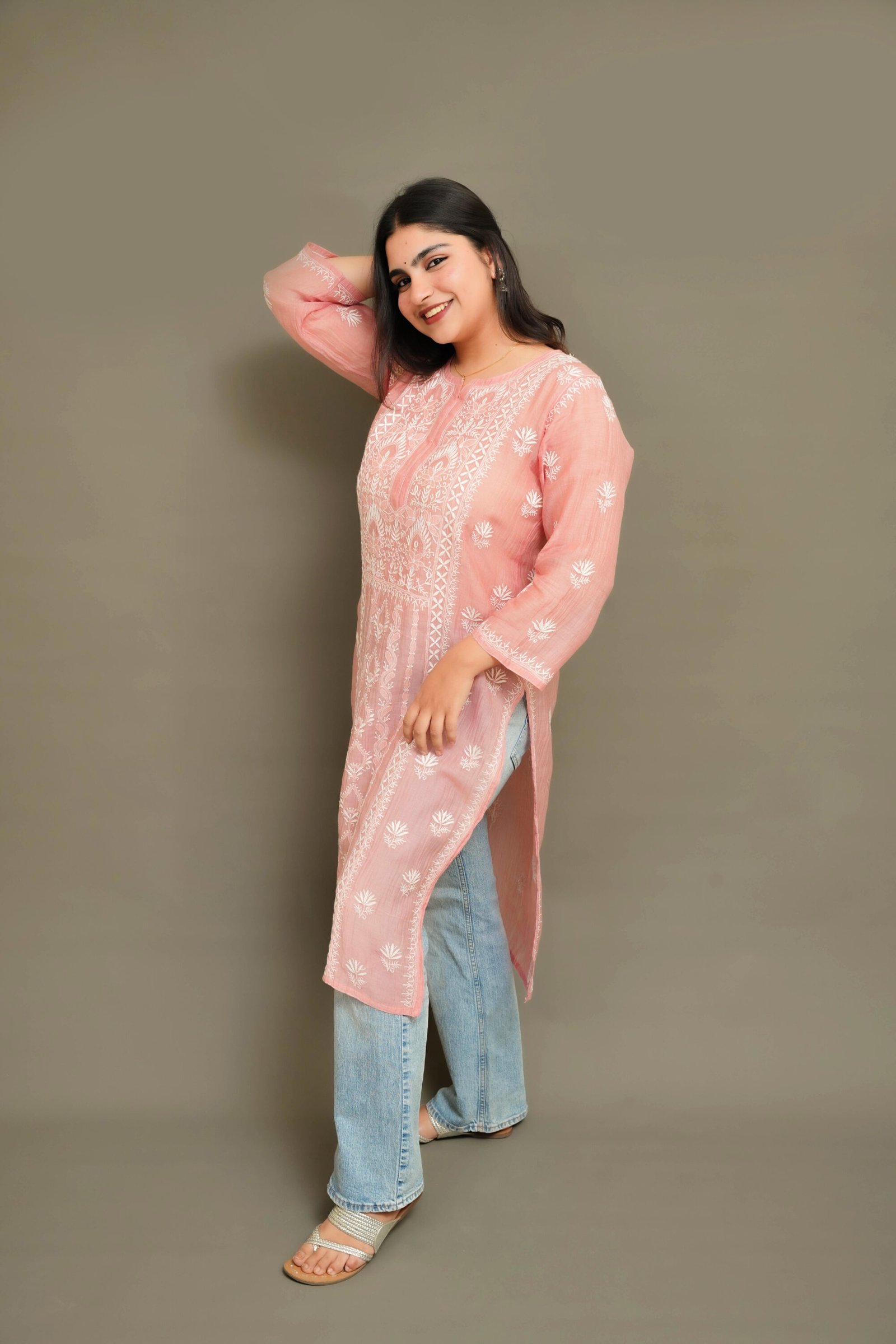 DSC06432 Rosé Blush Chikankari Kurta - Pure Mul Chikankari Kurta by Feathers by Priya - Image 2