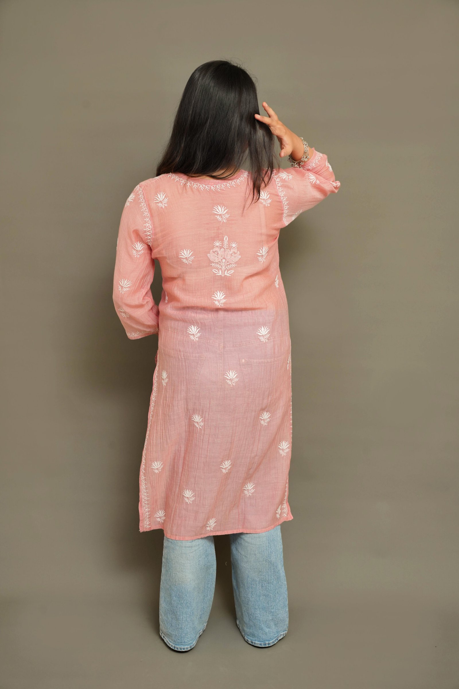 DSC06435 Rosé Blush Chikankari Kurta - Pure Mul Chikankari Kurta by Feathers by Priya - Image 3