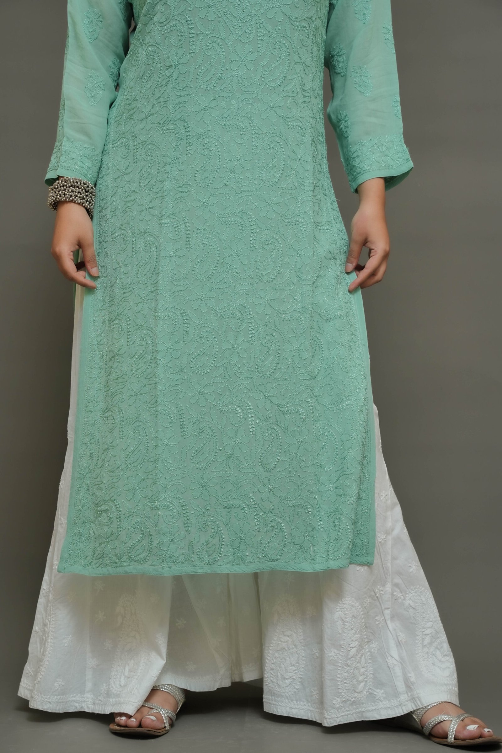 untitled (43 of 298) Pistachio Elegance Chikankari Kurta - Georgette Chikankari Kurta by Feathers by Priya - Image 5