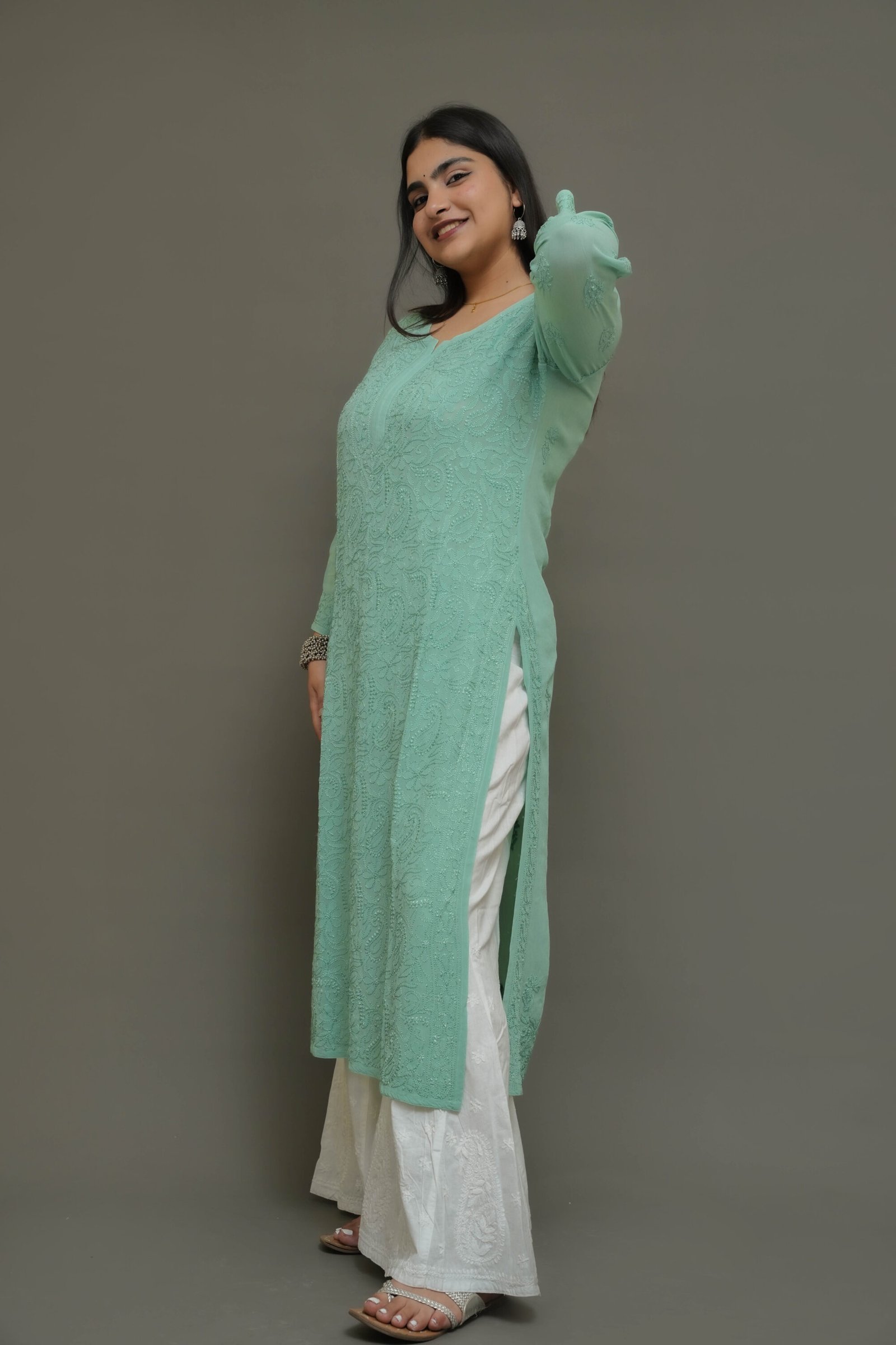 untitled (45 of 298) Pistachio Elegance Chikankari Kurta - Georgette Chikankari Kurta by Feathers by Priya - Image 2