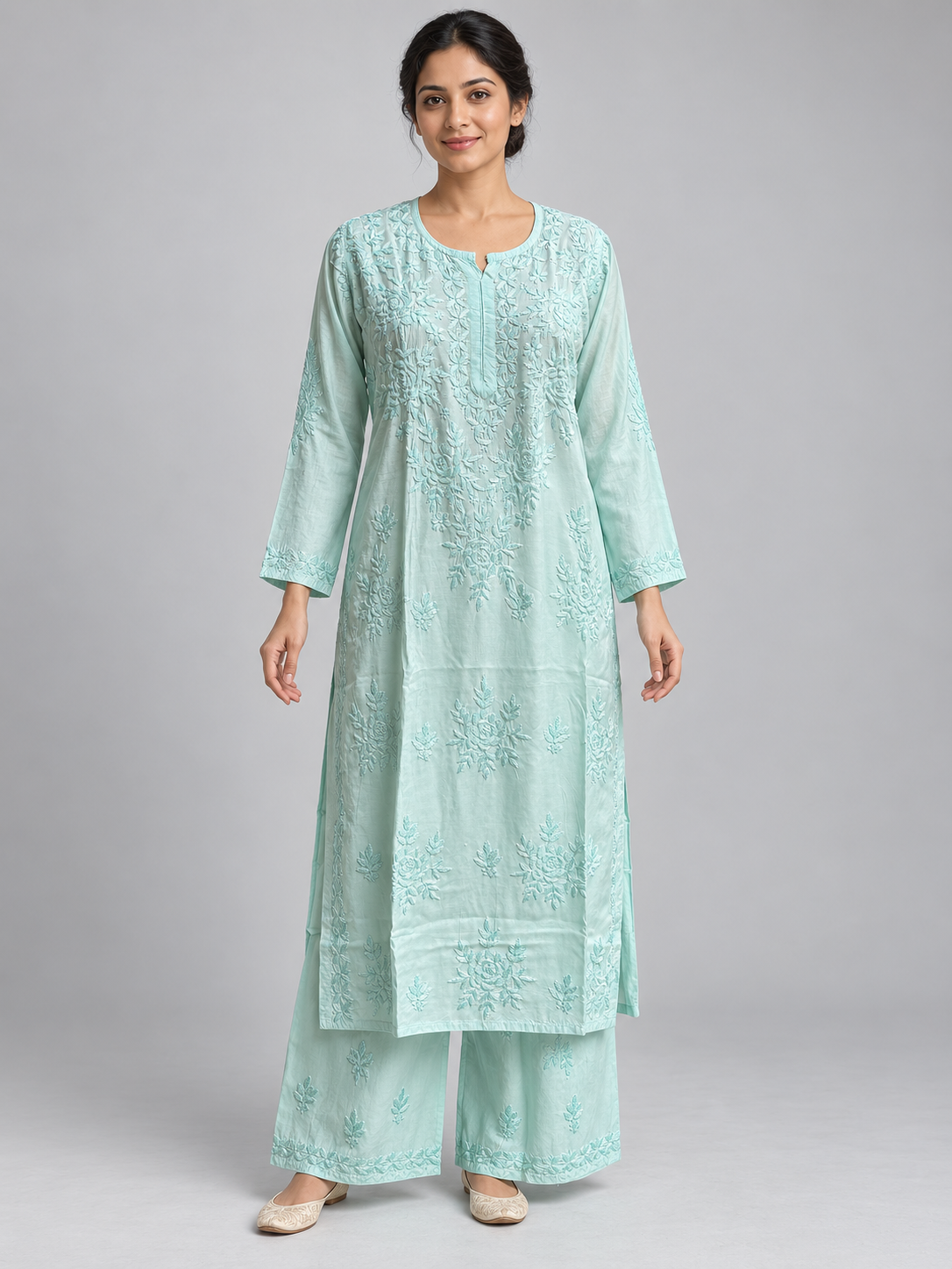 Sea Spray Chikankari Suit - Muslin Chikankari 2-Piece Suit Set by Feathers by Priya