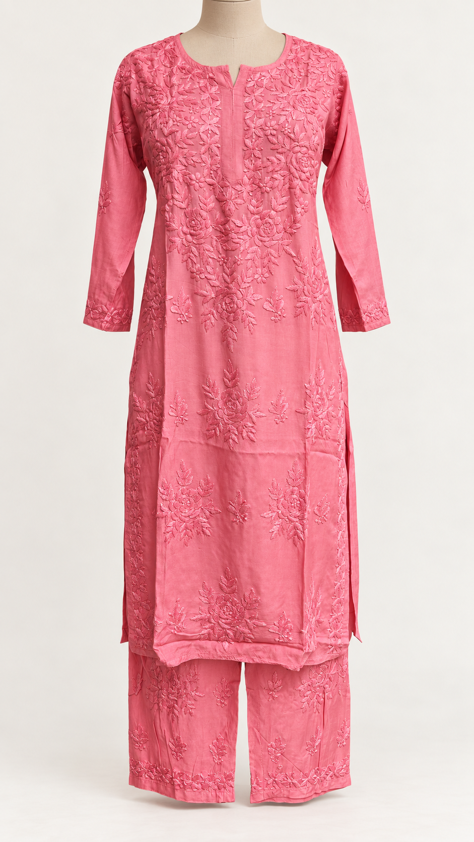 058-B_b7d793368_v1_01_Front_Mannequin Champagne Bloom Chikankari Suit - Muslin Chikankari 2-Piece Suit Set by Feathers by Priya - Image 3