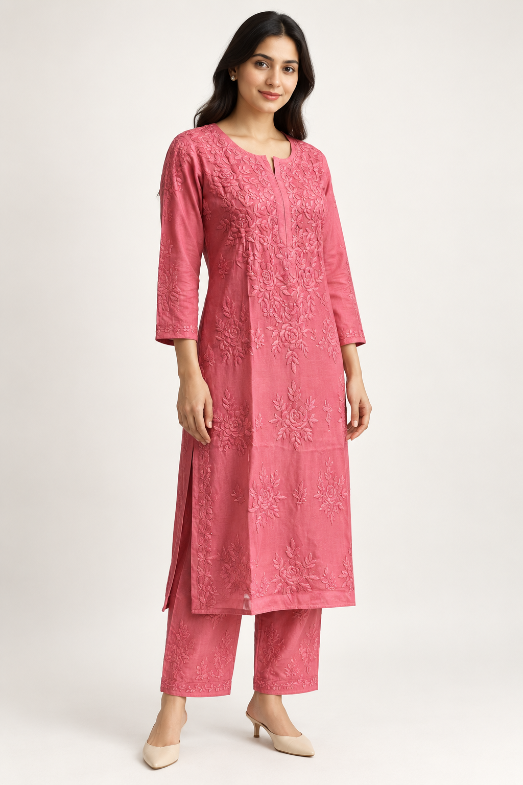 058-B_b7d793368_v1_05_Model_Angled Champagne Bloom Chikankari Suit - Muslin Chikankari 2-Piece Suit Set by Feathers by Priya - Image 2