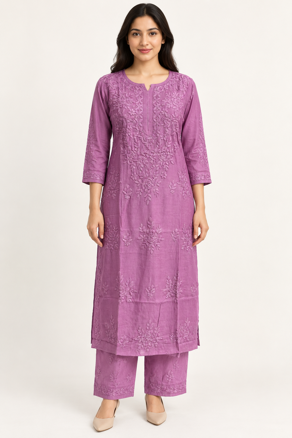 Amethyst Fog Chikankari Suit - Muslin Chikankari 2-Piece Suit Set by Feathers by Priya