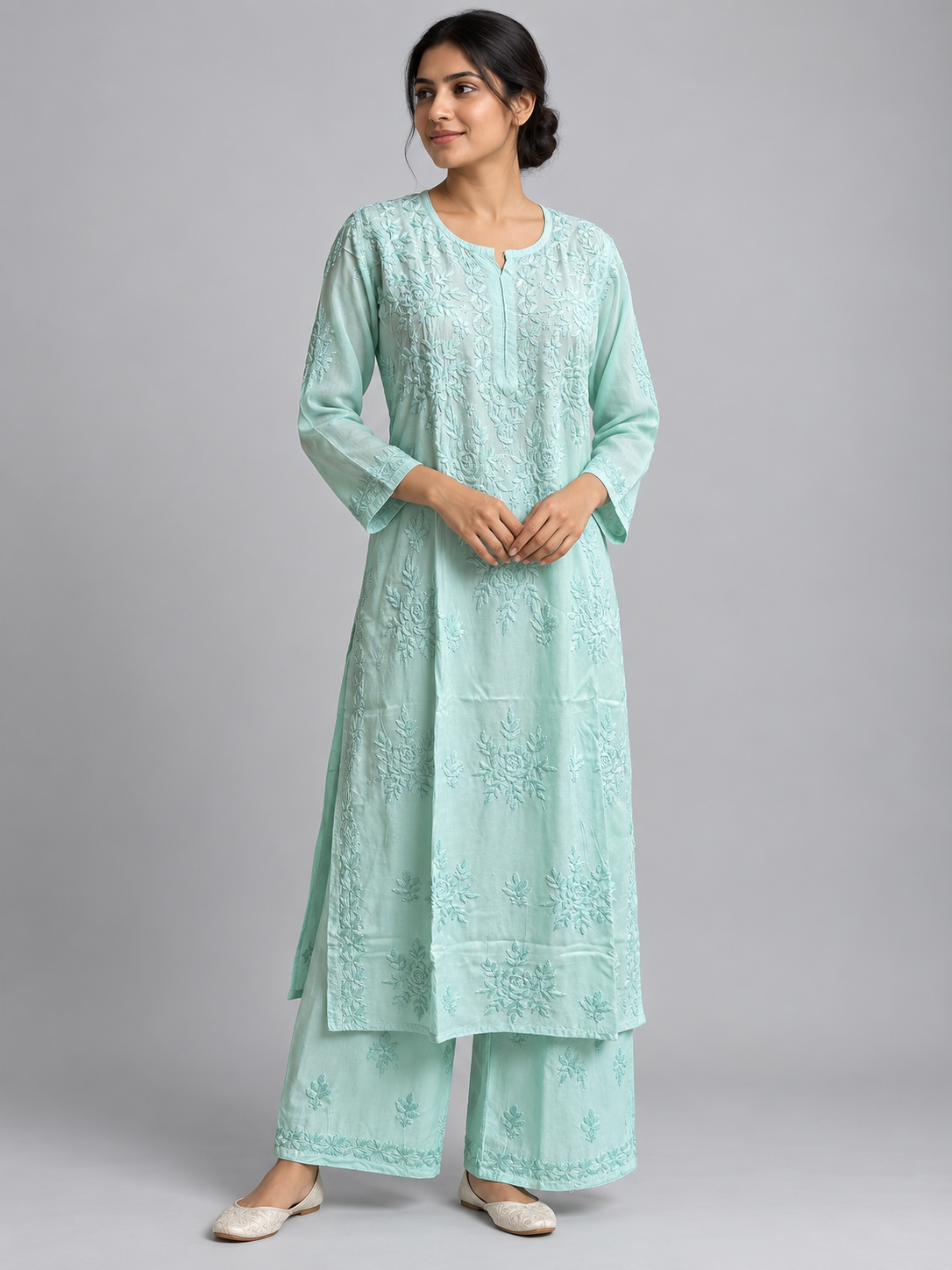 Sea Spray Chikankari Suit - Muslin Chikankari 2-Piece Suit Set by Feathers by Priya - Image 2