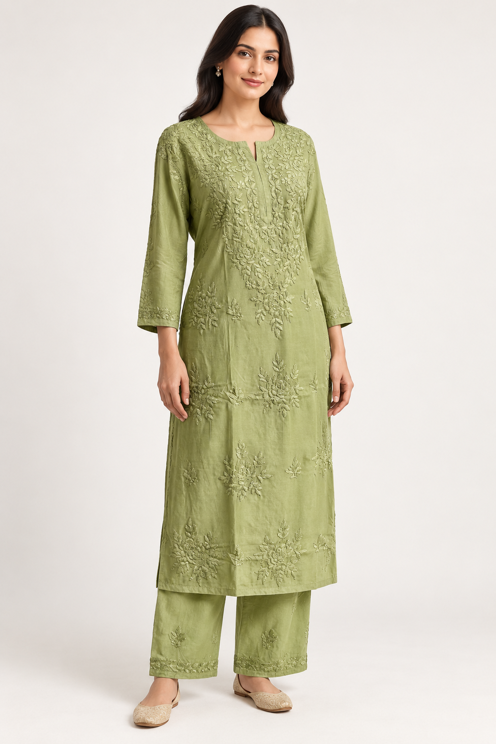 The Celeste Tide Chikankari Suit - Muslin Chikankari 2-Piece Suit Set by Feathers by Priya - Image 5