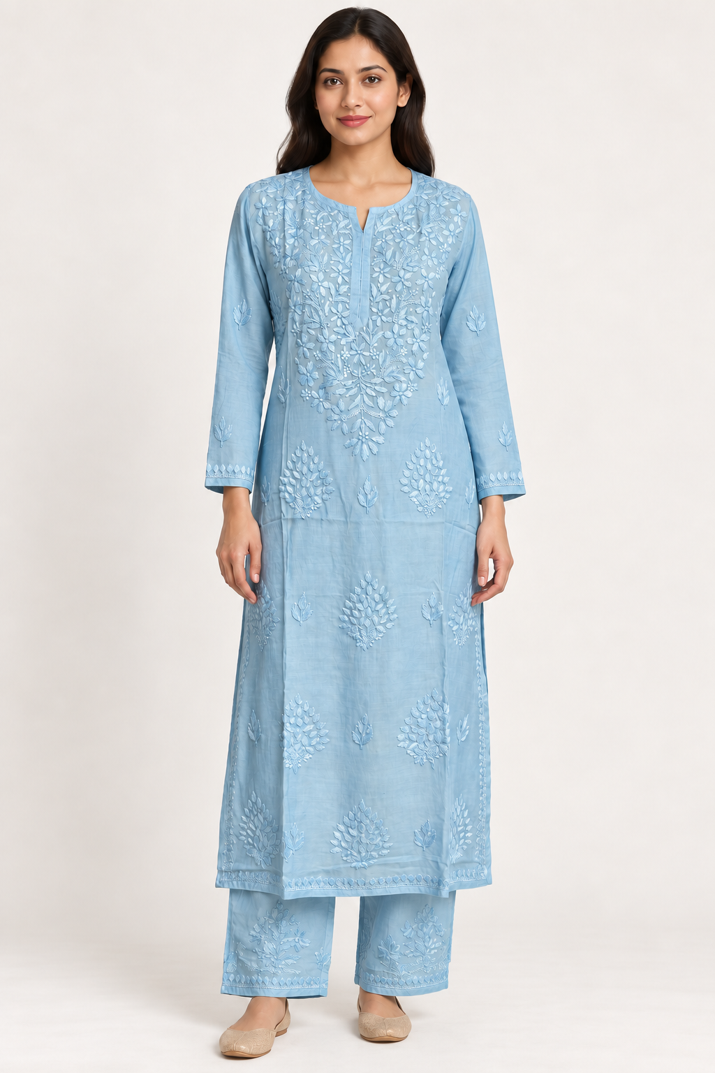 061-B_bb912e974_v1_04_Model_Front The Celeste Tide Chikankari Suit - Muslin Chikankari 2-Piece Suit Set by Feathers by Priya