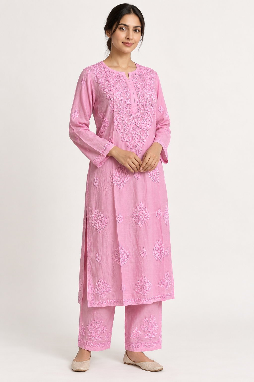 062-B_b7f25f3b7_v1_05_Model_Angled The Blushing Blossom Chikankari Suit - Chanderi Chikankari 2-Piece Suit Set by Feathers by Priya - Image 2