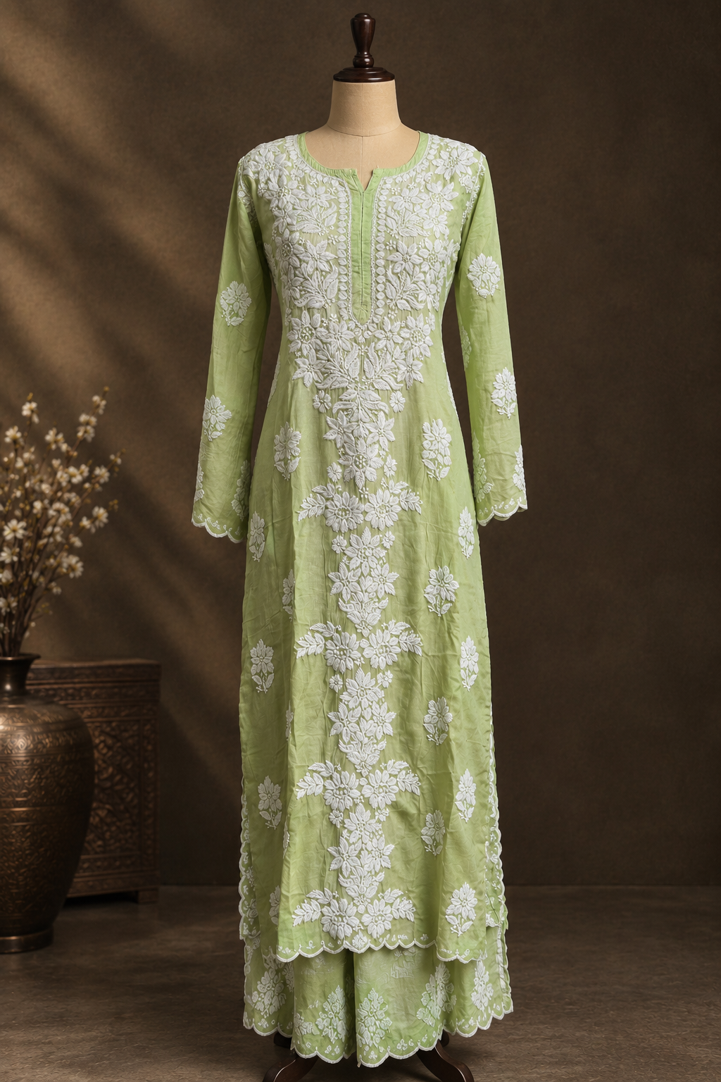 a7521b4f-e9e4-47ec-8175-c5e3b0d9c18f Olive Ombre Chikankari Suit - Muslin Chikankari 2-Piece Suit Set by Feathers by Priya - Image 6