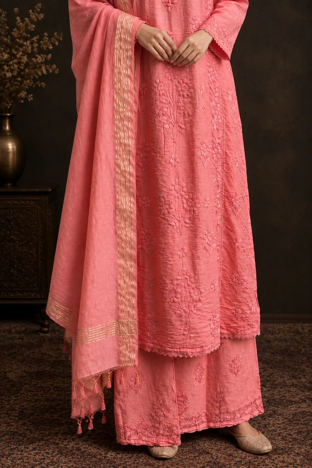 Terracotta Glow Chikankari Suit - Mul Chanderi Chikankari 3-Piece Suit Set by Feathers by Priya - Image 3