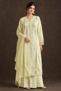 Citron Ray Chikankari Suit - Mul Chanderi Chikankari 3-Piece Suit Set by Feathers by Priya