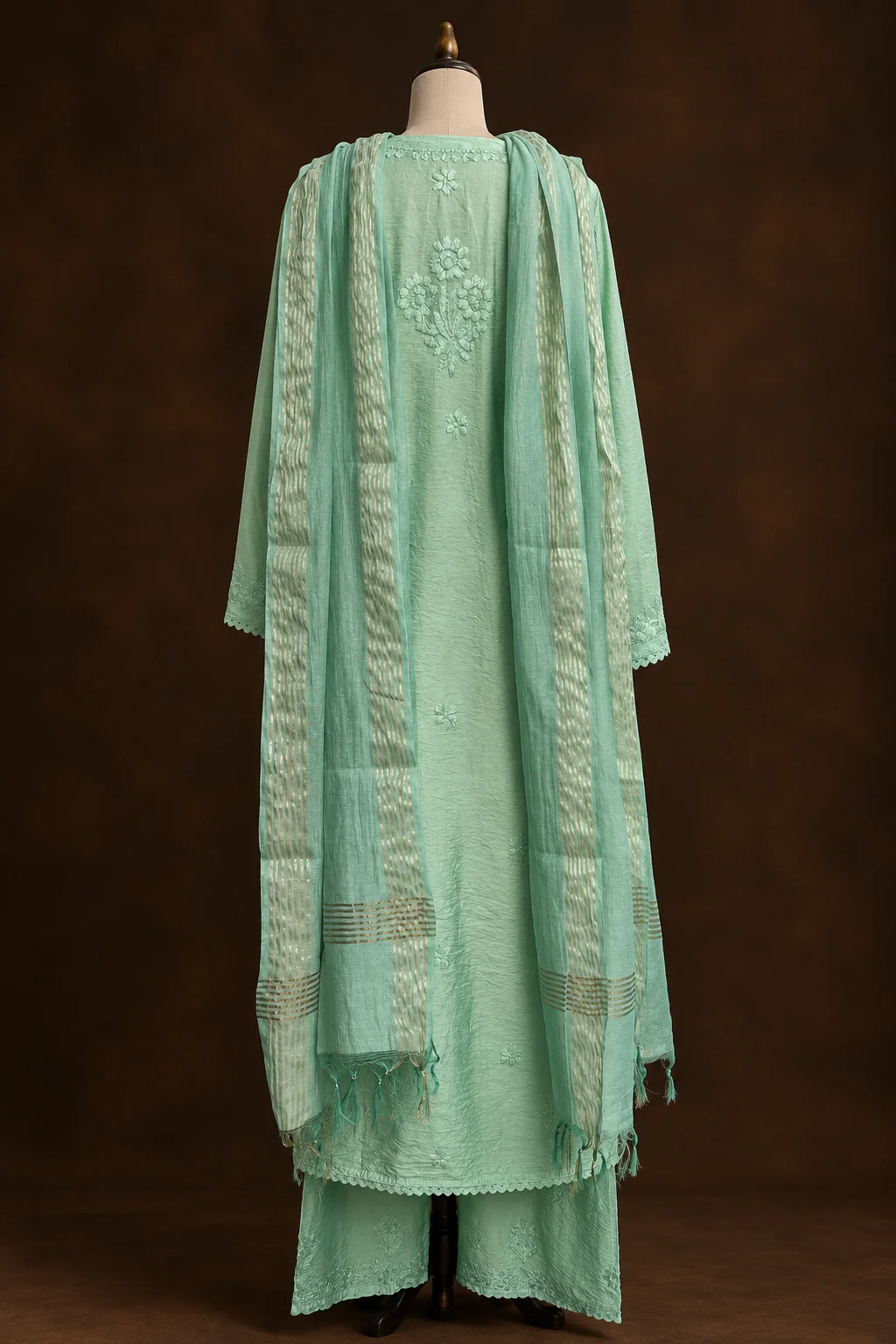 Mint Frost Chikankari Suit - Mul Chanderi Chikankari 3-Piece Suit Set by Feathers by Priya - Image 3