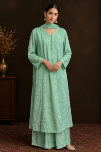 Mint Frost Chikankari Suit - Mul Chanderi Chikankari 3-Piece Suit Set by Feathers by Priya - Image 2