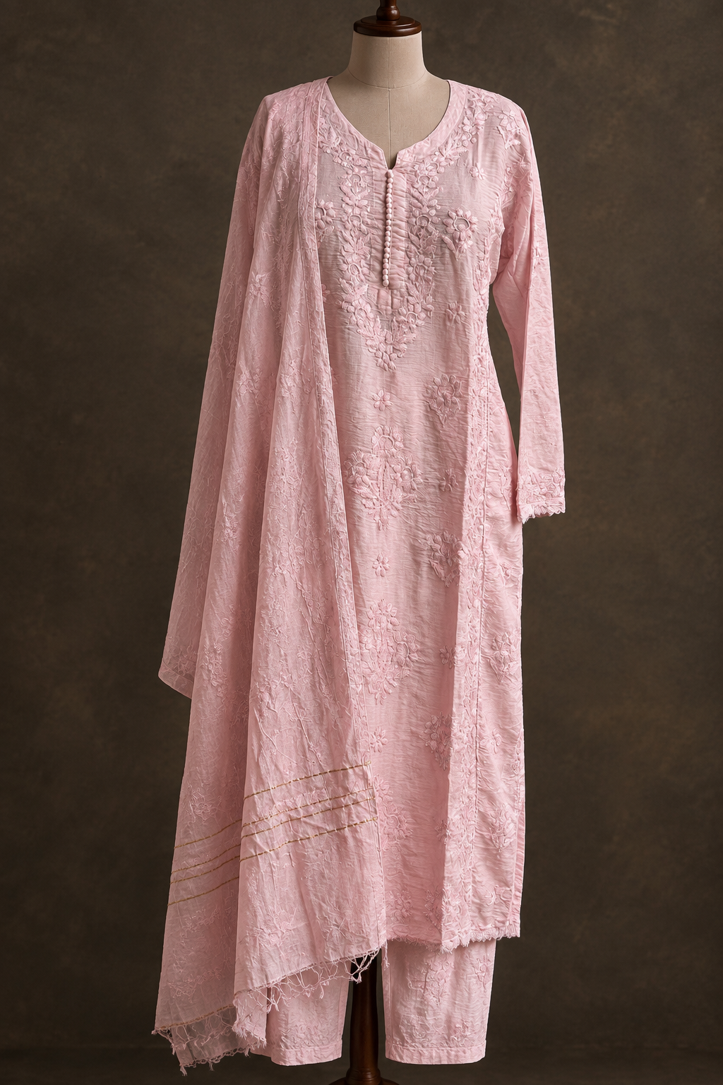 Peach Nectar Chikankari Suit - Mul Chanderi Chikankari 3-Piece Suit Set by Feathers by Priya - Image 4