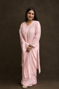 Peach Nectar Chikankari Suit - Mul Chanderi Chikankari 3-Piece Suit Set by Feathers by Priya