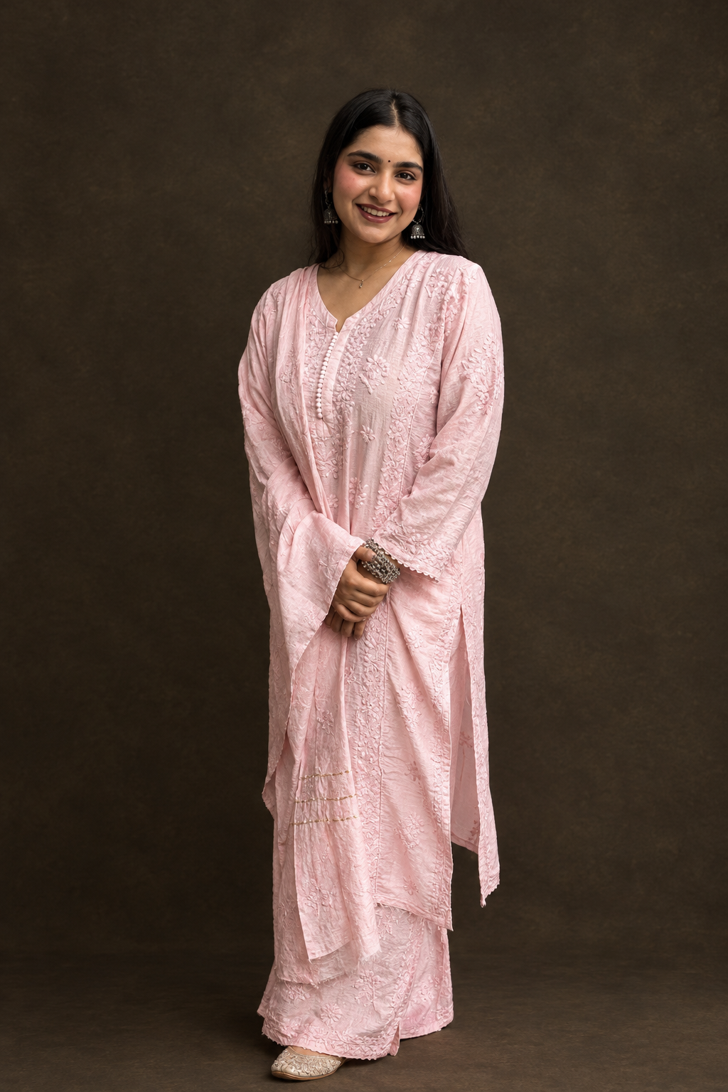 Peach Nectar Chikankari Suit - Mul Chanderi Chikankari 3-Piece Suit Set by Feathers by Priya