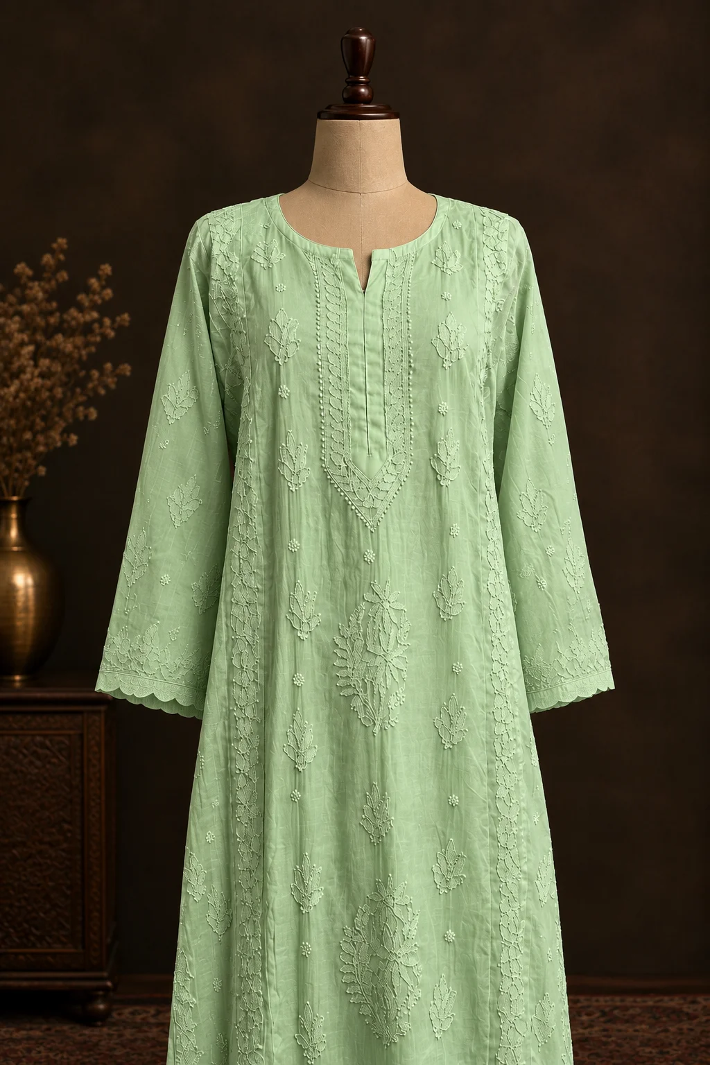 Emerald Crest Chikankari Suit - Mul Chanderi Chikankari 2-Piece Suit Set by Feathers by Priya - Image 3