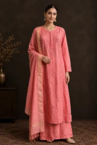 Terracotta Glow Chikankari Suit - Mul Chanderi Chikankari 3-Piece Suit Set by Feathers by Priya