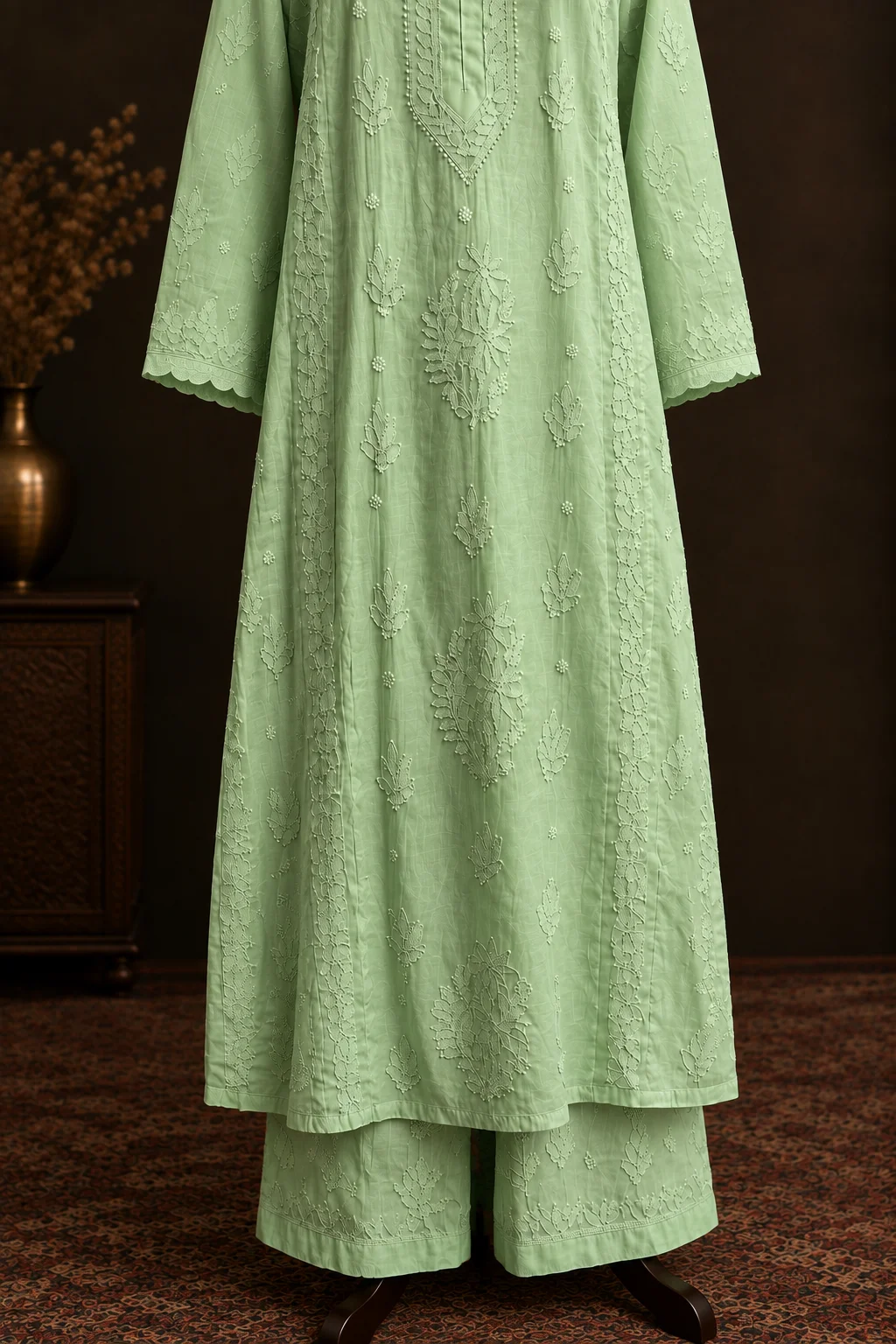 Emerald Crest Chikankari Suit - Mul Chanderi Chikankari 2-Piece Suit Set by Feathers by Priya - Image 4