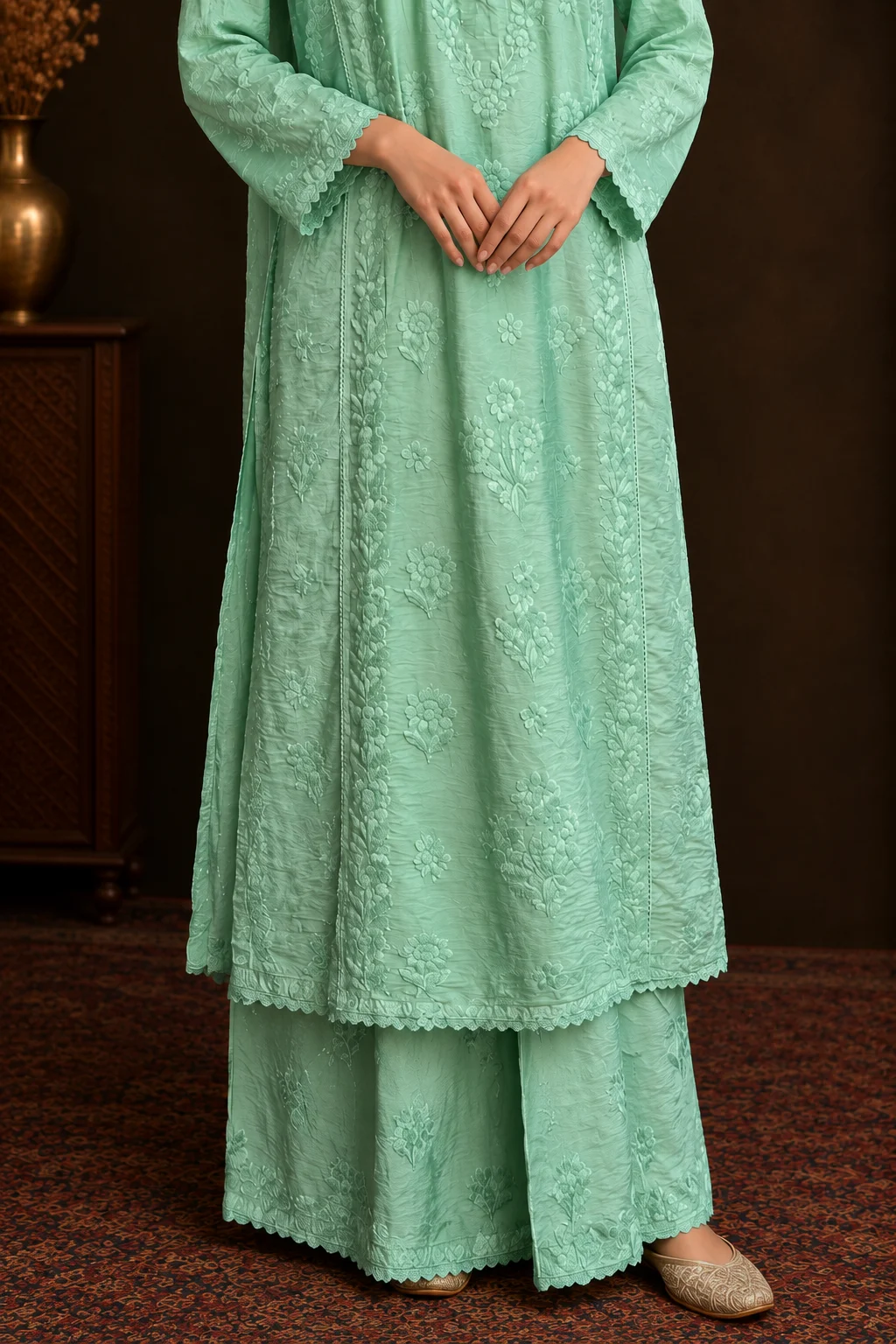 Mint Frost Chikankari Suit - Mul Chanderi Chikankari 3-Piece Suit Set by Feathers by Priya - Image 5