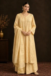 Sunlit Glow Chikankari Suit - Mul Chanderi Chikankari 3-Piece Suit Set by Feathers by Priya