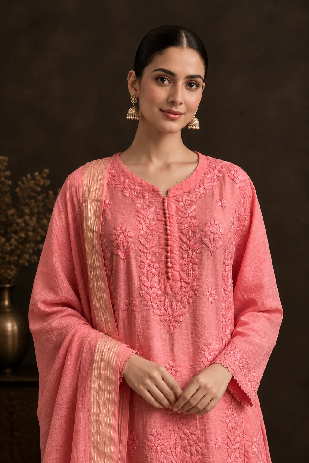 Terracotta Glow Chikankari Suit - Mul Chanderi Chikankari 3-Piece Suit Set by Feathers by Priya - Image 2