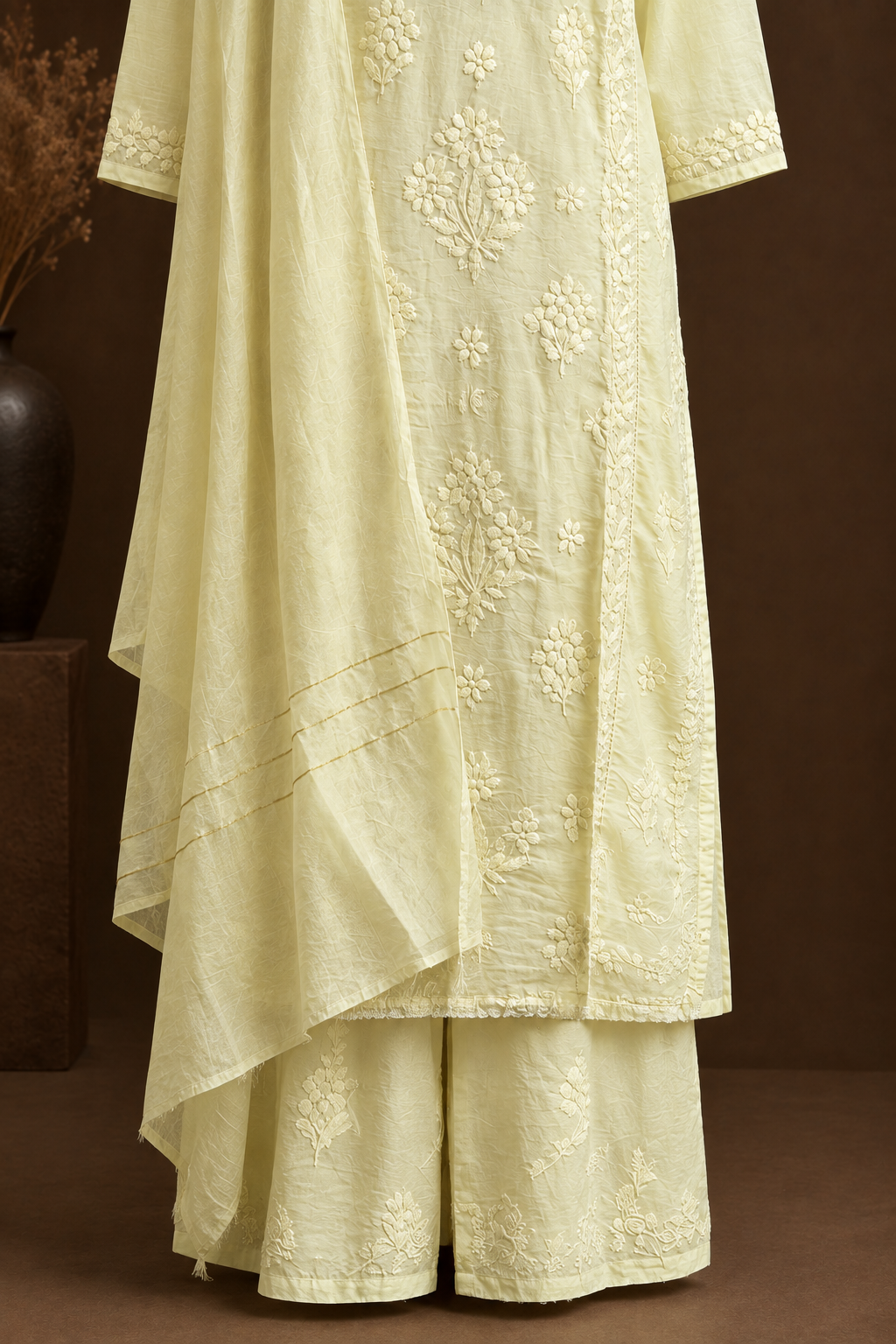 Citron Ray Chikankari Suit - Mul Chanderi Chikankari 3-Piece Suit Set by Feathers by Priya - Image 7