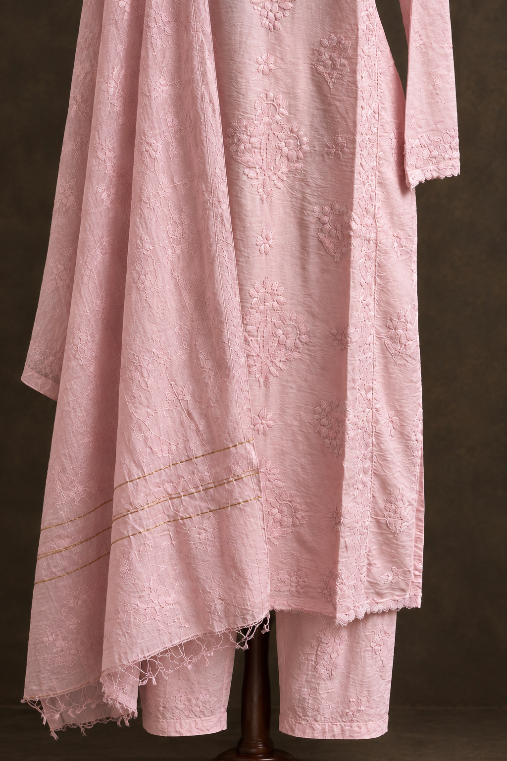 Peach Nectar Chikankari Suit - Mul Chanderi Chikankari 3-Piece Suit Set by Feathers by Priya - Image 3