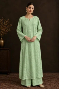 Emerald Crest Chikankari Suit - Mul Chanderi Chikankari 2-Piece Suit Set by Feathers by Priya