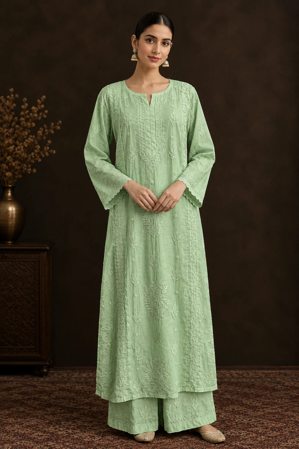Emerald Crest Chikankari Suit - Mul Chanderi Chikankari 2-Piece Suit Set by Feathers by Priya