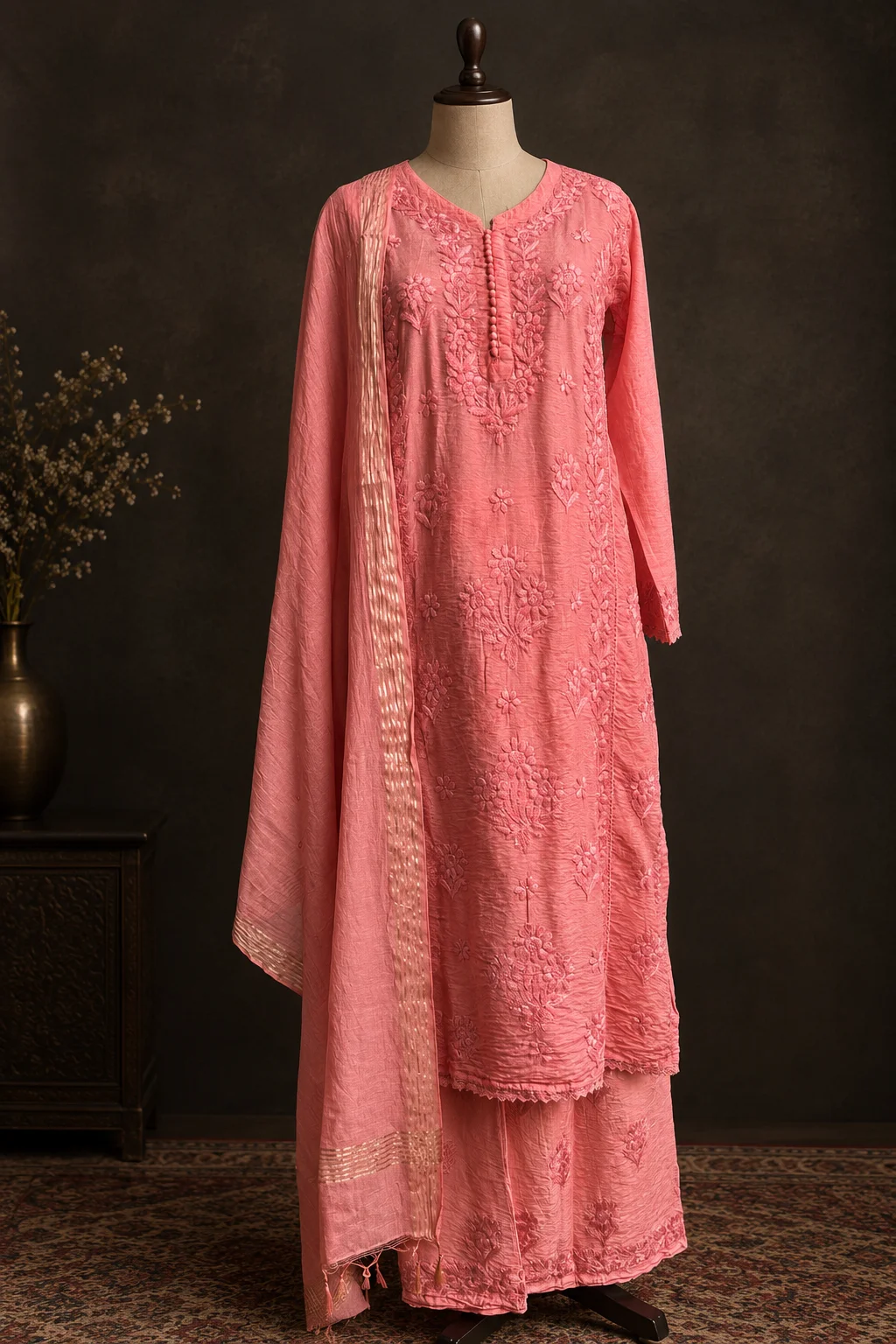 Terracotta Glow Chikankari Suit - Mul Chanderi Chikankari 3-Piece Suit Set by Feathers by Priya - Image 4