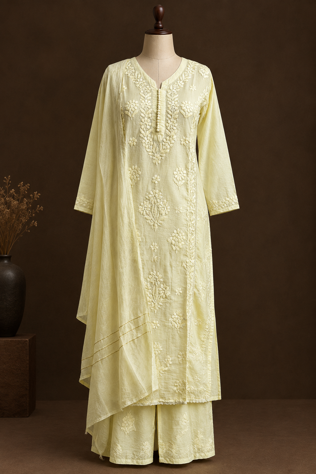 Citron Ray Chikankari Suit - Mul Chanderi Chikankari 3-Piece Suit Set by Feathers by Priya - Image 6