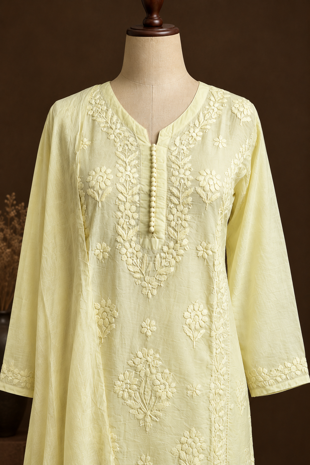 Citron Ray Chikankari Suit - Mul Chanderi Chikankari 3-Piece Suit Set by Feathers by Priya - Image 5