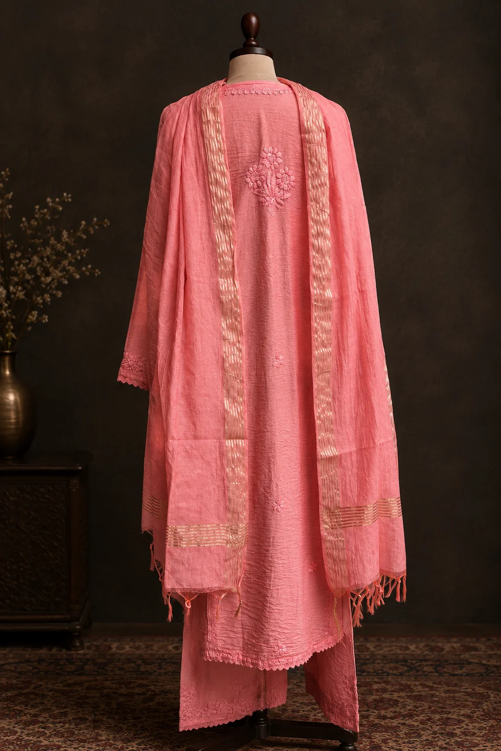 Terracotta Glow Chikankari Suit - Mul Chanderi Chikankari 3-Piece Suit Set by Feathers by Priya - Image 5