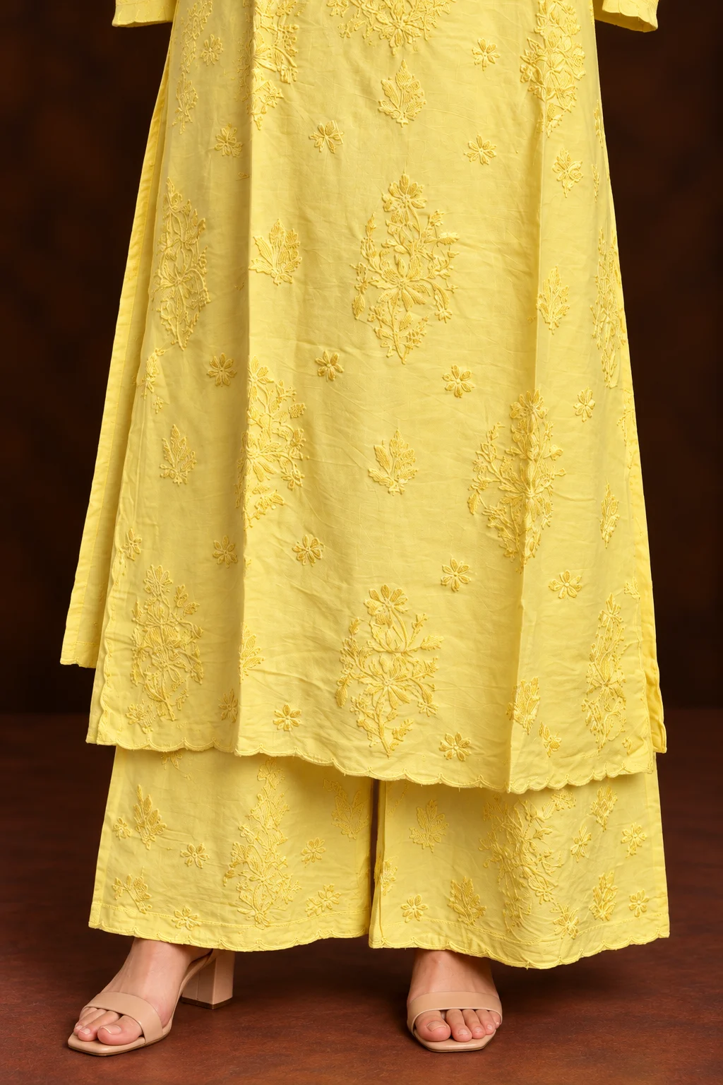 Saffron Bloom Chikankari Suit - Chanderi Chikankari 2-Piece Suit Set by Feathers by Priya - Image 6