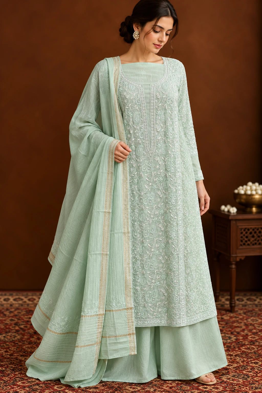 Emerald Chanderi Semi-Stitched Chikankari Suit - Mul Chanderi Chikankari by Feathers by Priya