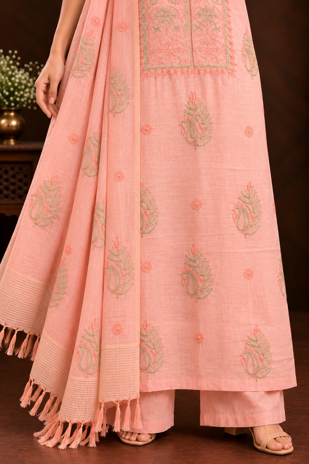 Peach Mulmul Coloured Thread 3-Piece Chikankari Suit - Chikankari by Feathers by Priya - Image 3