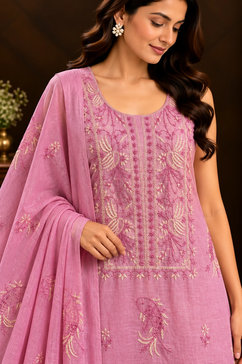 Powder Peach Mulmul Coloured Thread 3-Piece Chikankari Suit - Chikankari by Feathers by Priya - Image 4