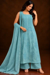 Azure Tone Unstitched Chikankari Suit - Chikankari by Feathers by Priya
