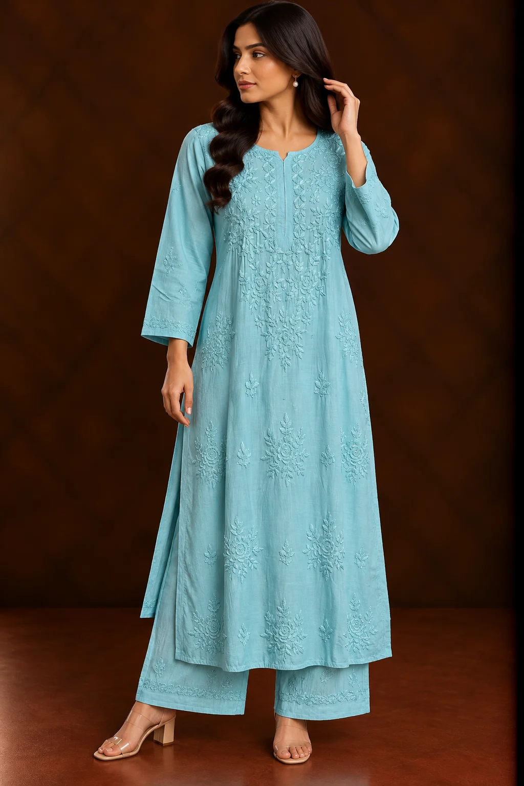 Ocean Whisper Chikankari Suit - Muslin Chikankari 2-Piece Suit Set by Feathers by Priya