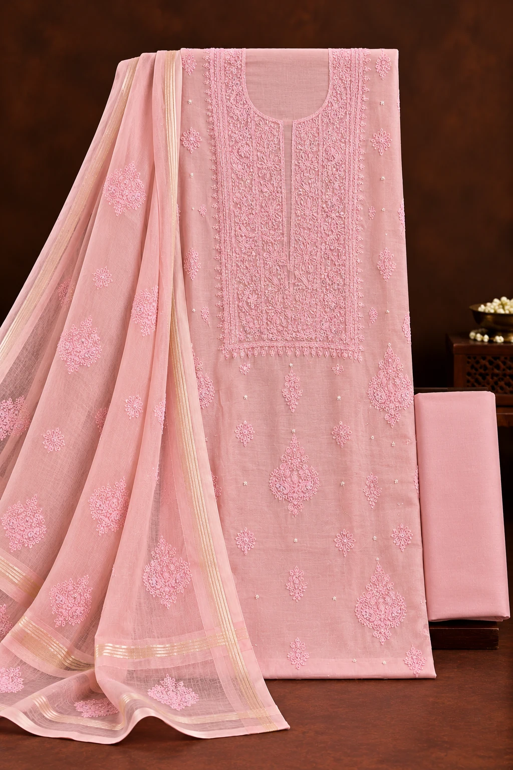Blush Chanderi Sequins & Pearl Unstitched Chikankari Suit - Mul Chanderi Chikankari by Feathers by Priya - Image 2