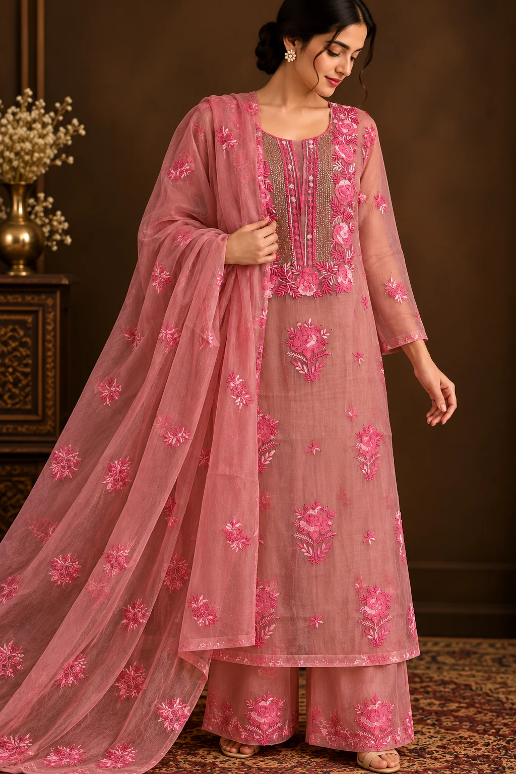 Blush Organza Mukaish Unstitched Chikankari Suit - Chikankari by Feathers by Priya