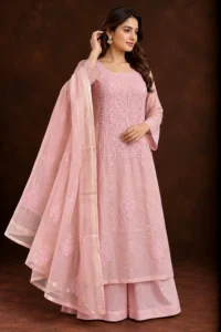 Blush Chanderi Sequins & Pearl Unstitched Chikankari Suit - Mul Chanderi Chikankari by Feathers by Priya