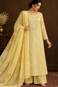 Citrus Chanderi Mukaish Semi-Stitched Chikankari Suit - Mul Chanderi Chikankari by Feathers by Priya