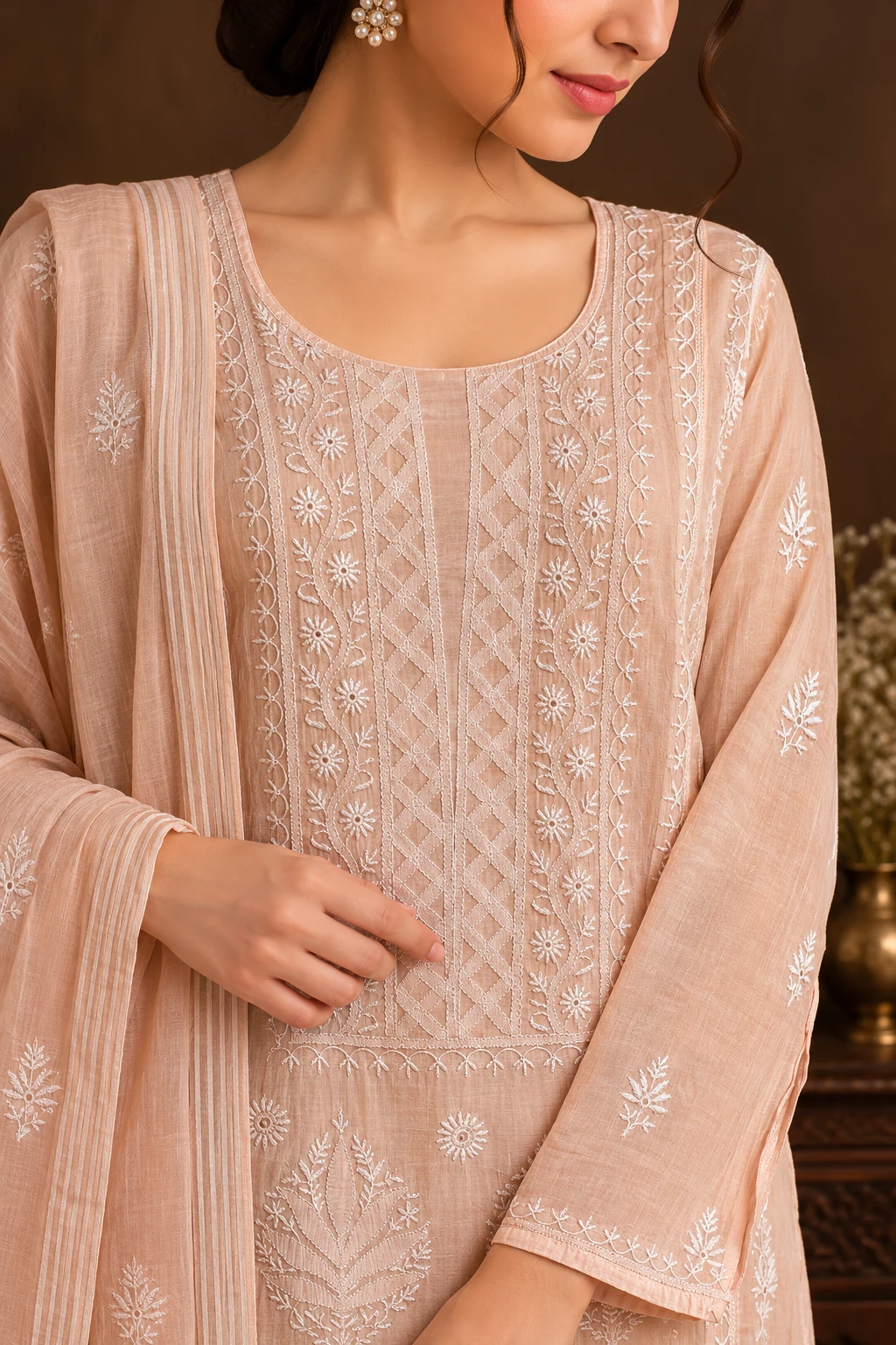 Citrus Chanderi Mukaish Semi-Stitched Chikankari Suit - Mul Chanderi Chikankari by Feathers by Priya - Image 4