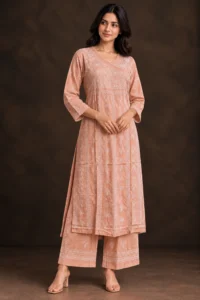 Earthen Angrakha Chikankari Suit - Chikankari 2-Piece Suit Set by Feathers by Priya
