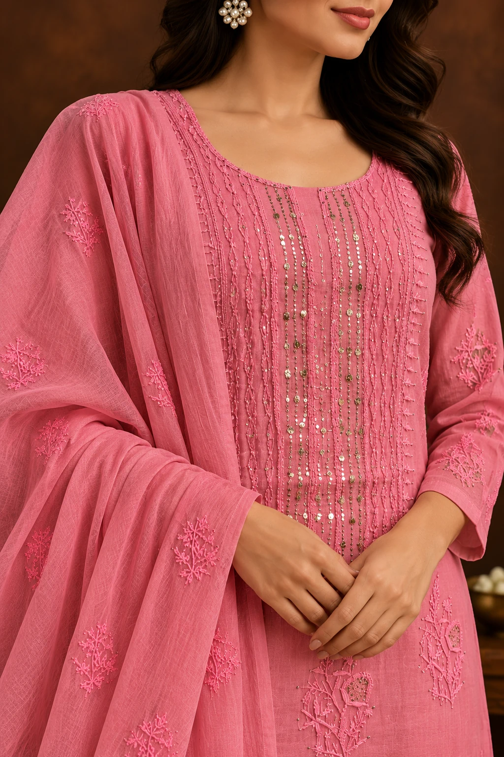 Rose Chanderi Mukaish Unstitched Chikankari Suit - Mul Chanderi Chikankari by Feathers by Priya - Image 3