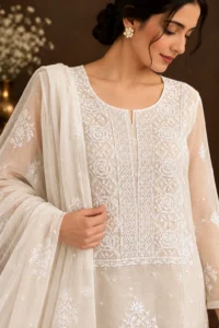 Ivory Pearl Organza Unstitched Chikankari Suit - Chikankari by Feathers by Priya