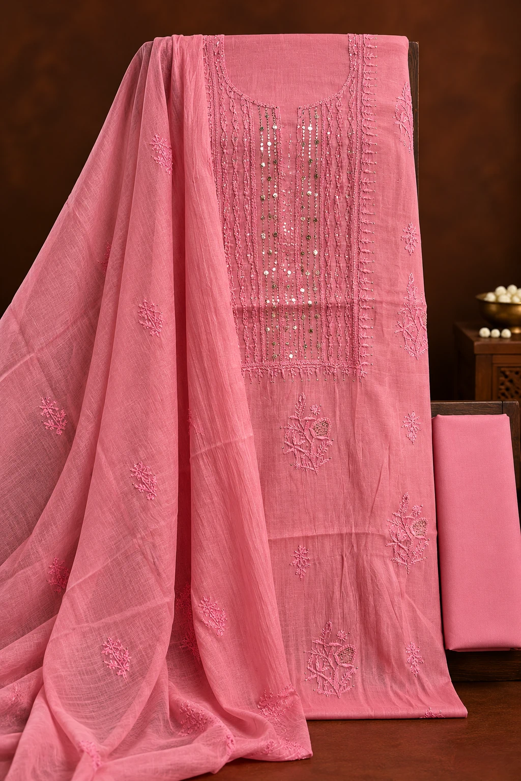 Rose Chanderi Mukaish Unstitched Chikankari Suit - Mul Chanderi Chikankari by Feathers by Priya - Image 4